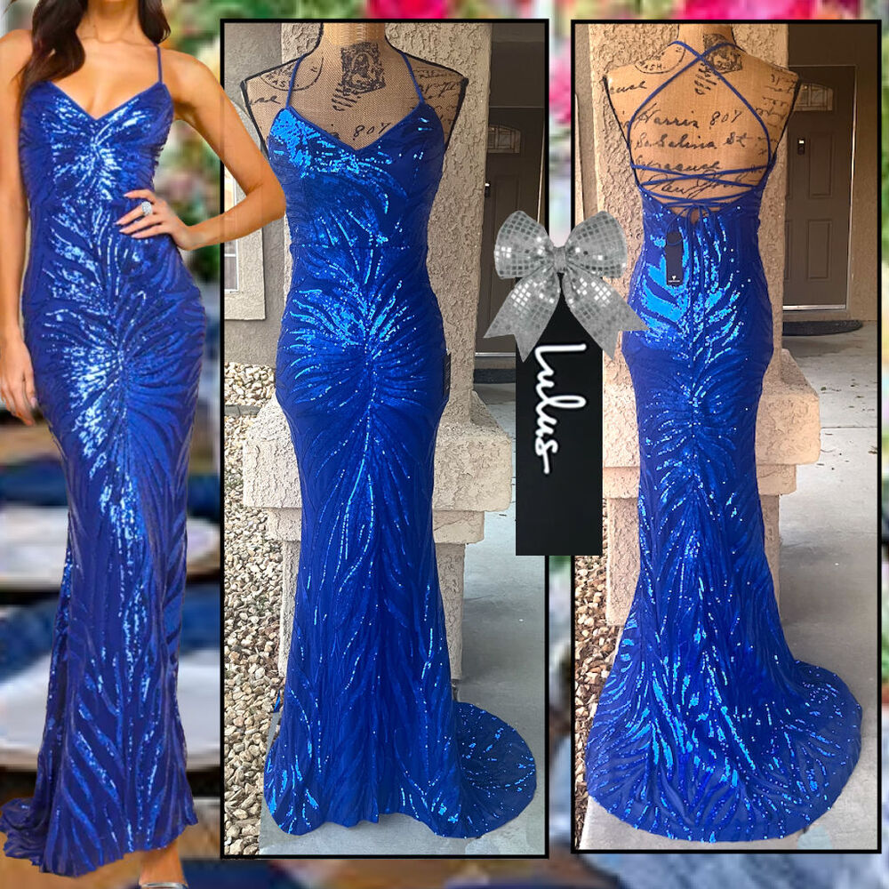 Lulus Sparkle 'til Dawn Royal Blue Sequin Lace-Up Mermaid Maxi Dress Size S